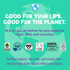 Eco Lips with cocoa butter ingredient piece to show natural nourishment for softer lips