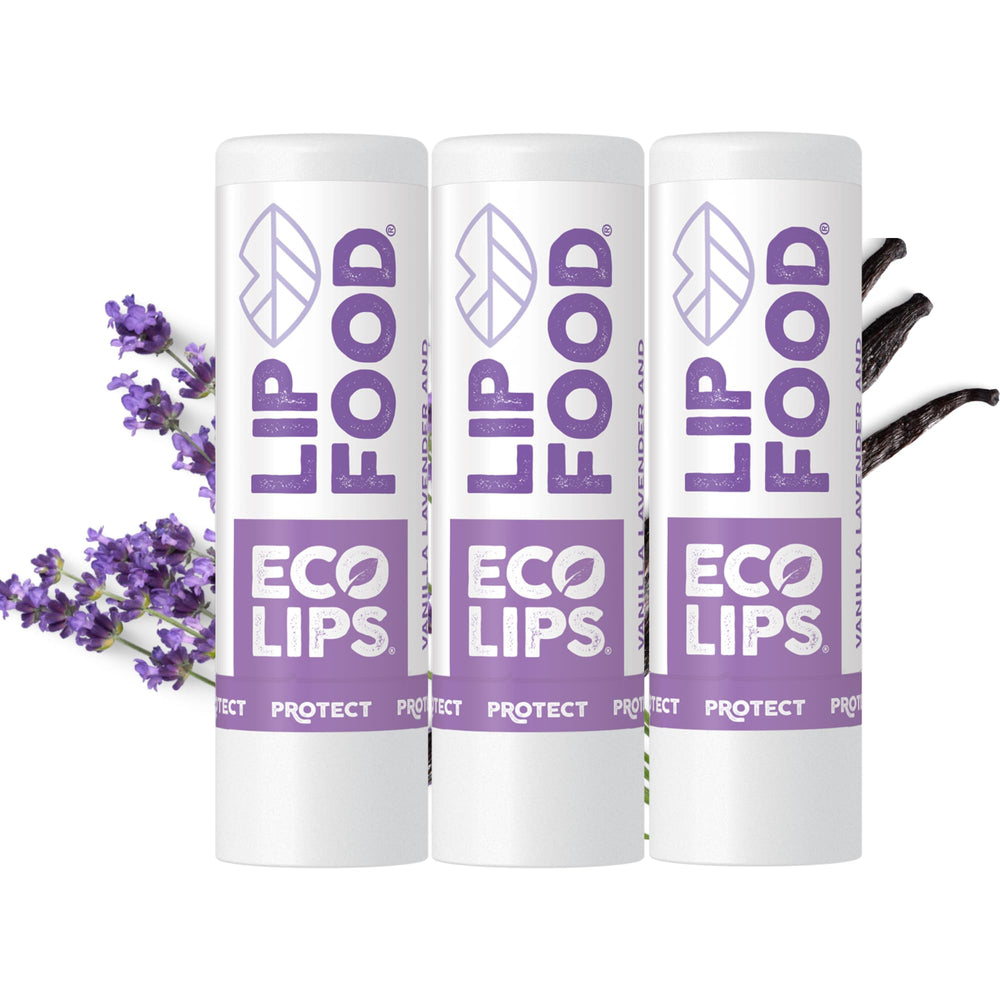 Eco Lips front packaging showing Lip Food Protect 3-pack and benefits