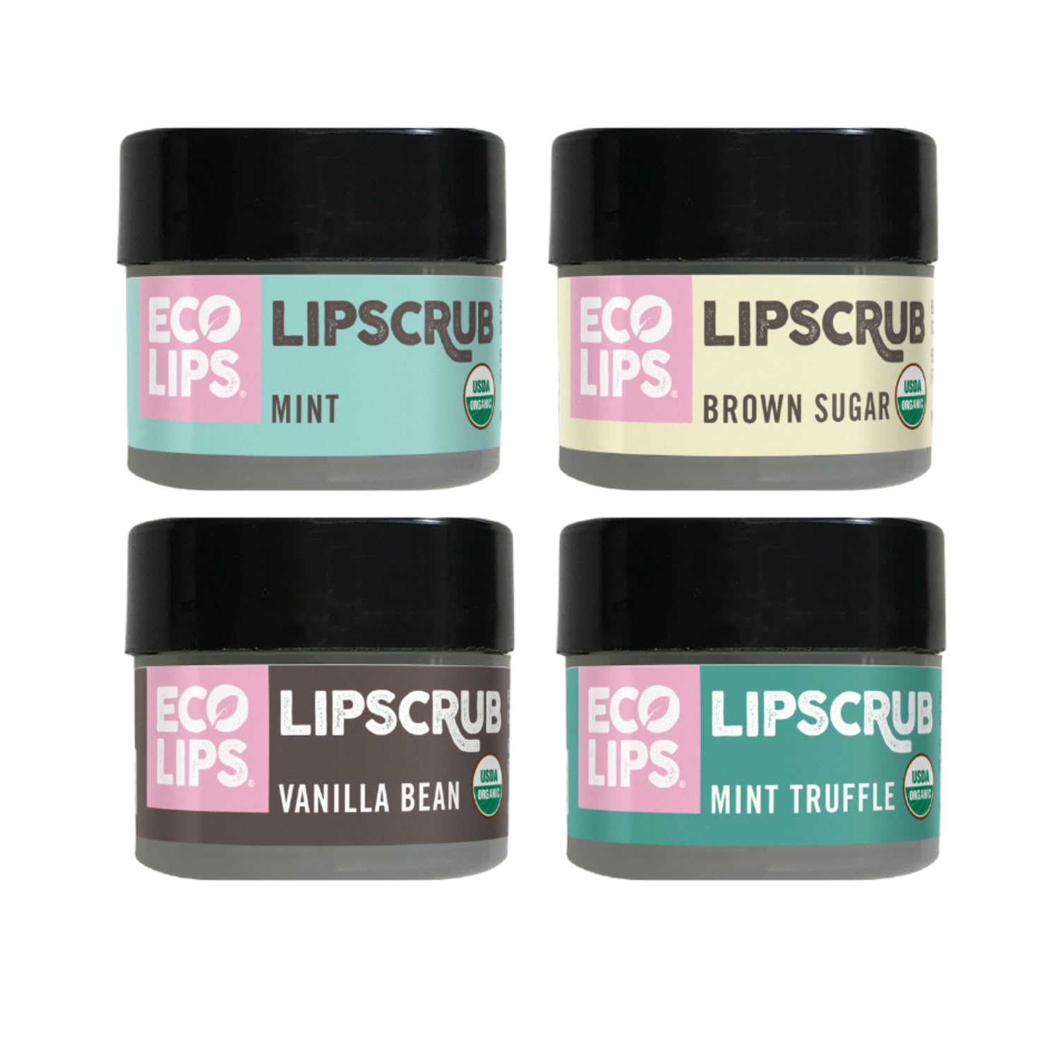 Eco Lips front packaging of four-pack showing variety and natural benefits