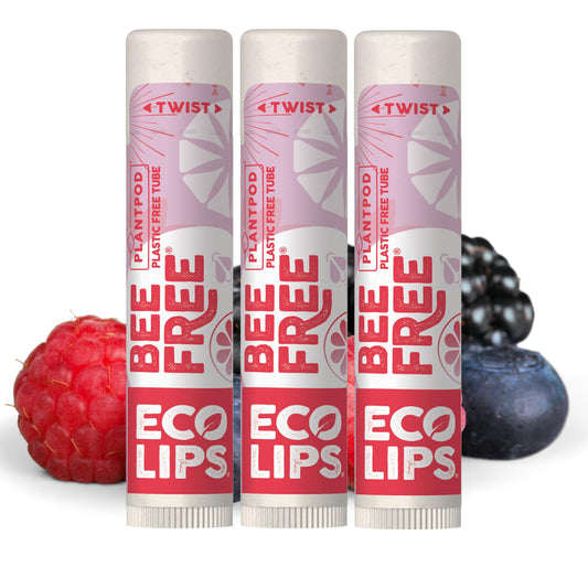 Eco Lips front packaging showing three compostable tubes and branding benefit