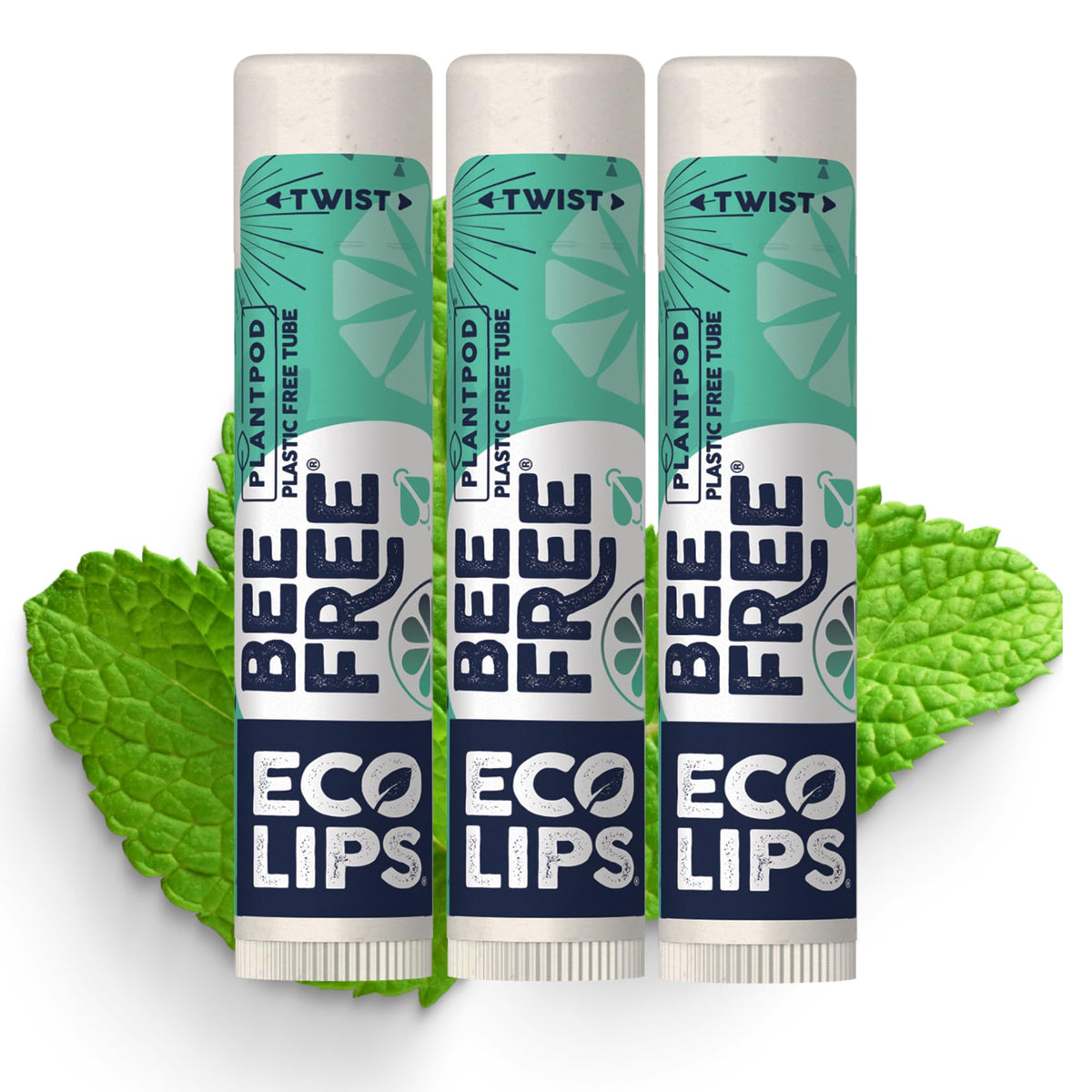Eco Lips front packaging showing three mint lip balms with visible label and benefits