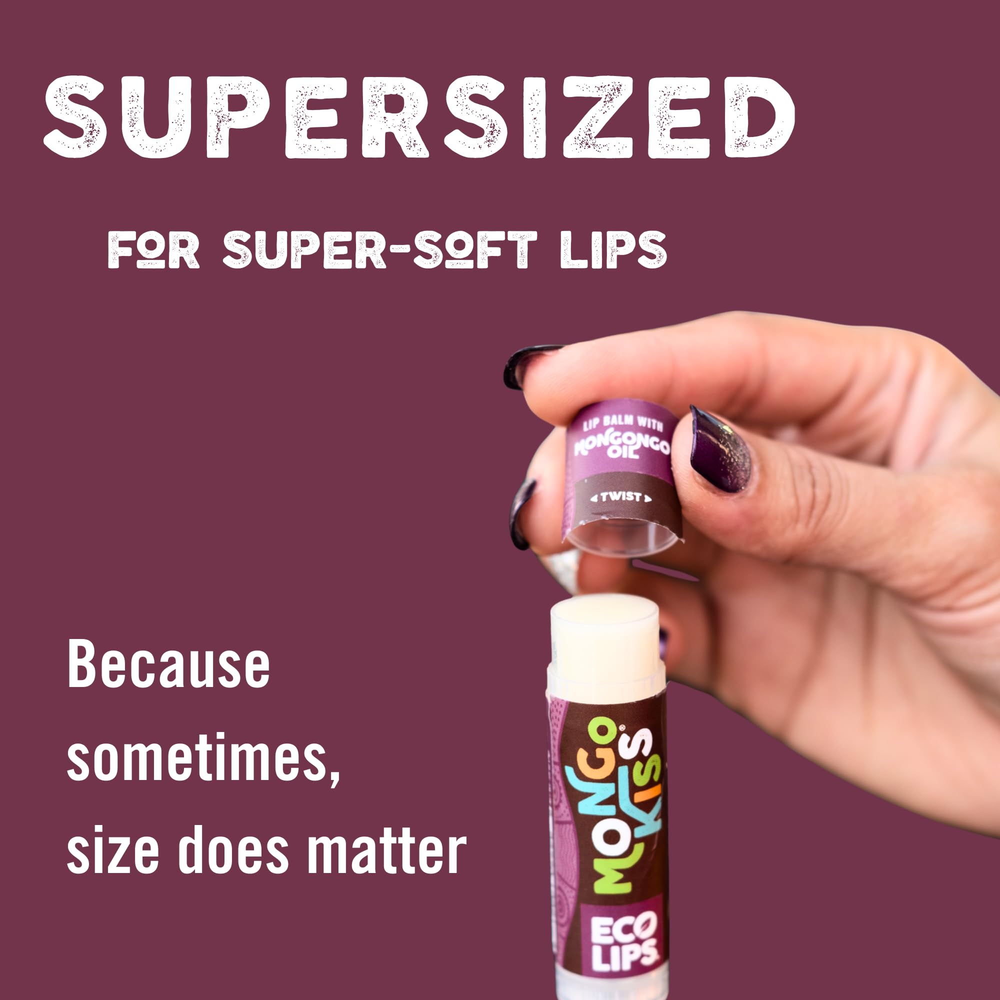 Eco Lips Mongo Kiss tube next to standard stick showing larger 0.25 oz size advantage