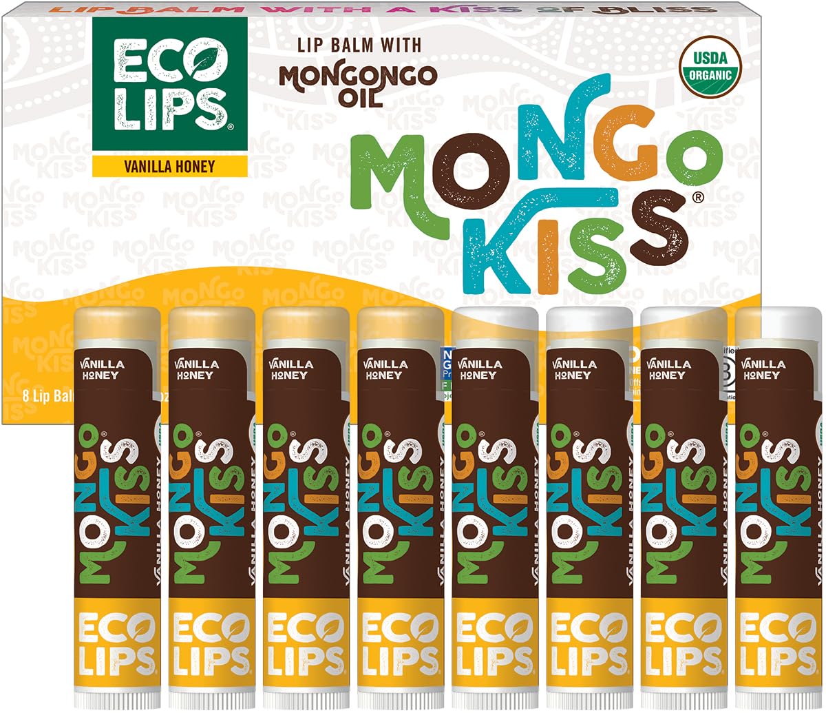 Eco Lips front packaging showing eight Vanilla Honey tubes and organic labeling benefit