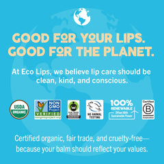 Eco Lips label close-up with USDA organic certifications indicating clean ingredients benefit