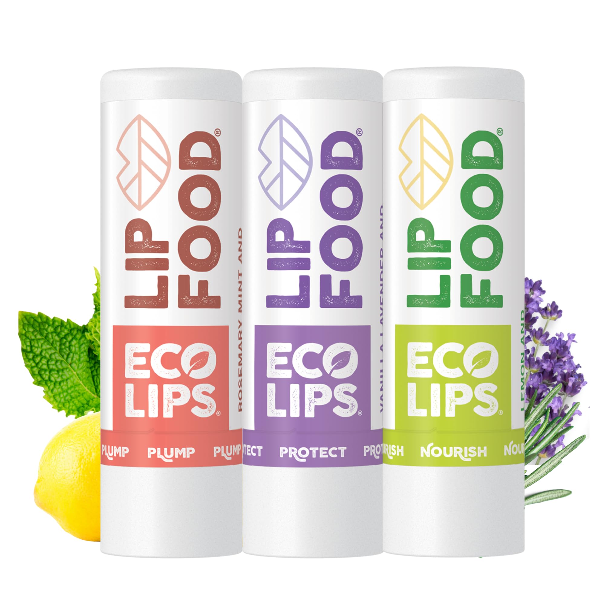 Eco Lips pack front view showing three organic lip balms and flavors