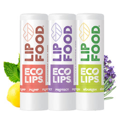 Eco Lips pack front view showing three organic lip balms and flavors