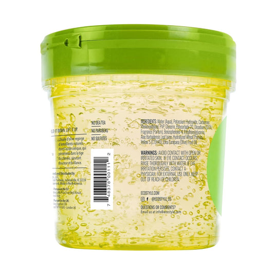 Eco Style open jar showing gel texture and moisturizing olive oil sheen