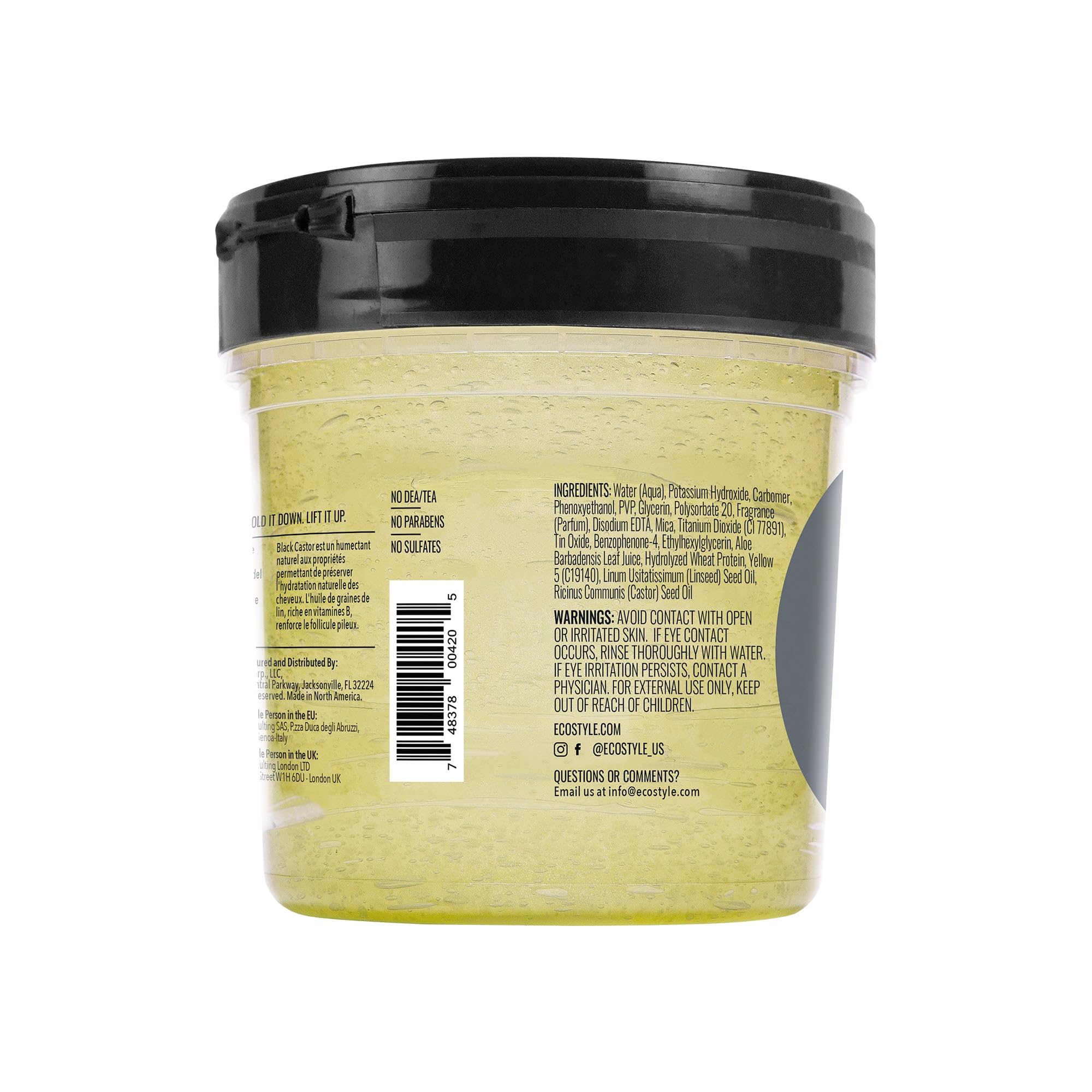 Eco Style jar open showing glossy gel texture for easy application