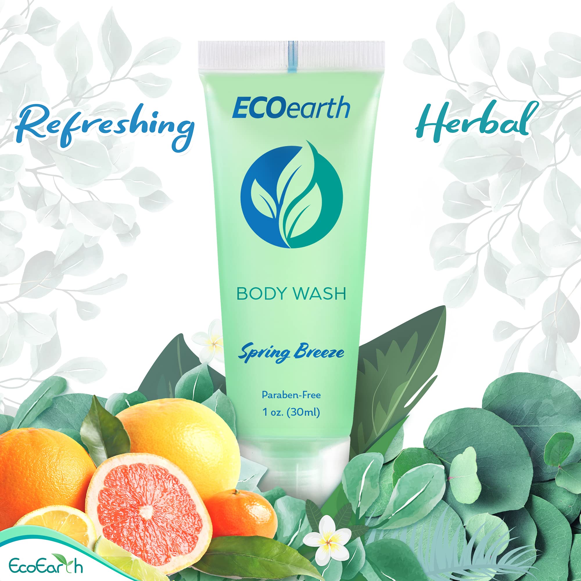 EcoEarth bottle in bathroom setup, guest-ready presentation benefit