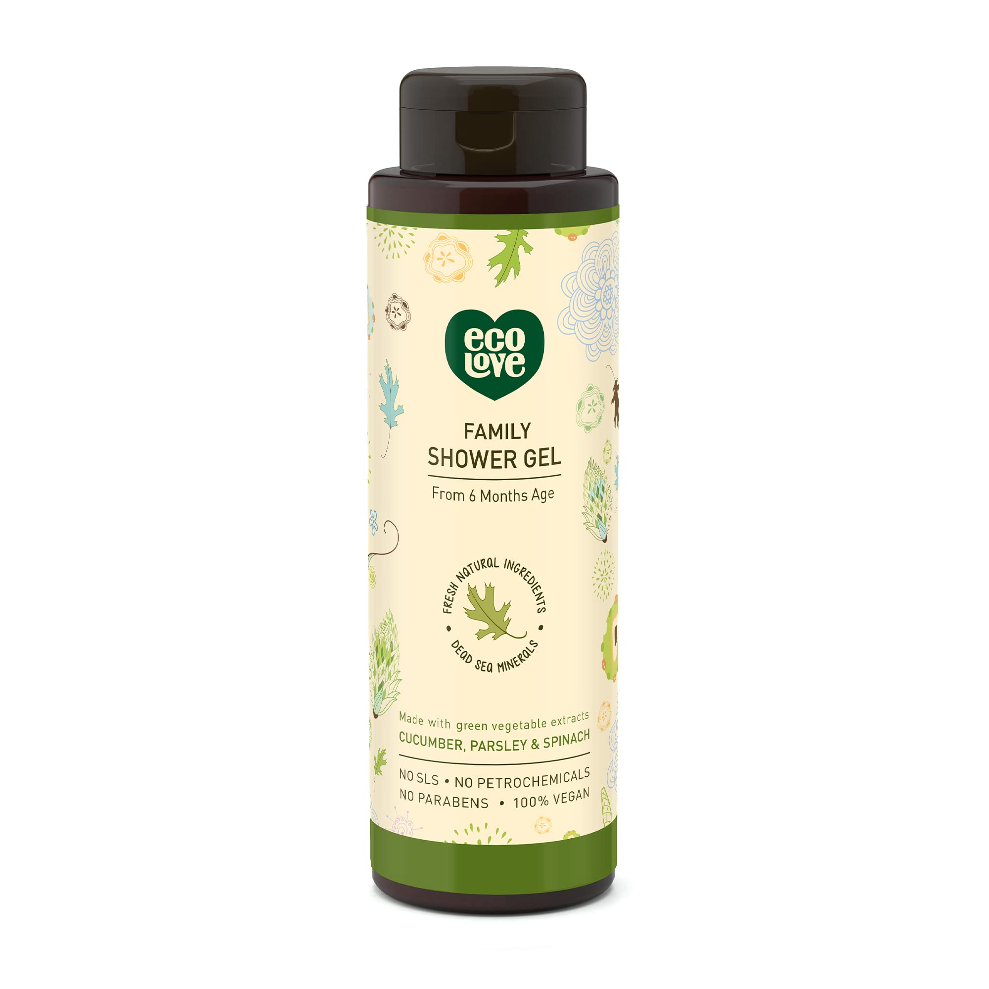 ecoLove front bottle view showing label and 17.6 oz size, clear product identity benefit