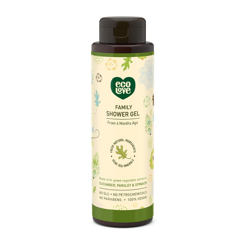 ecoLove front bottle view showing label and 17.6 oz size, clear product identity benefit