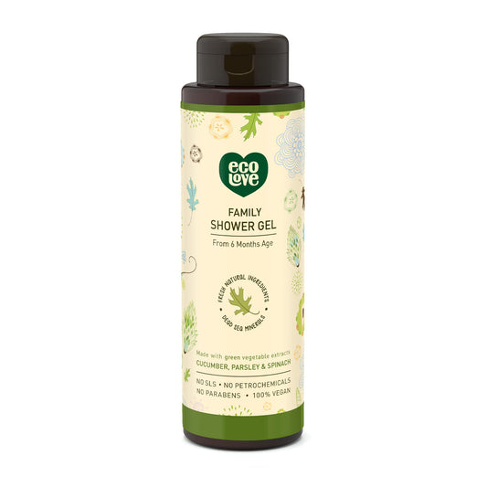 ecoLove front bottle view showing label and 17.6 oz size, clear product identity benefit