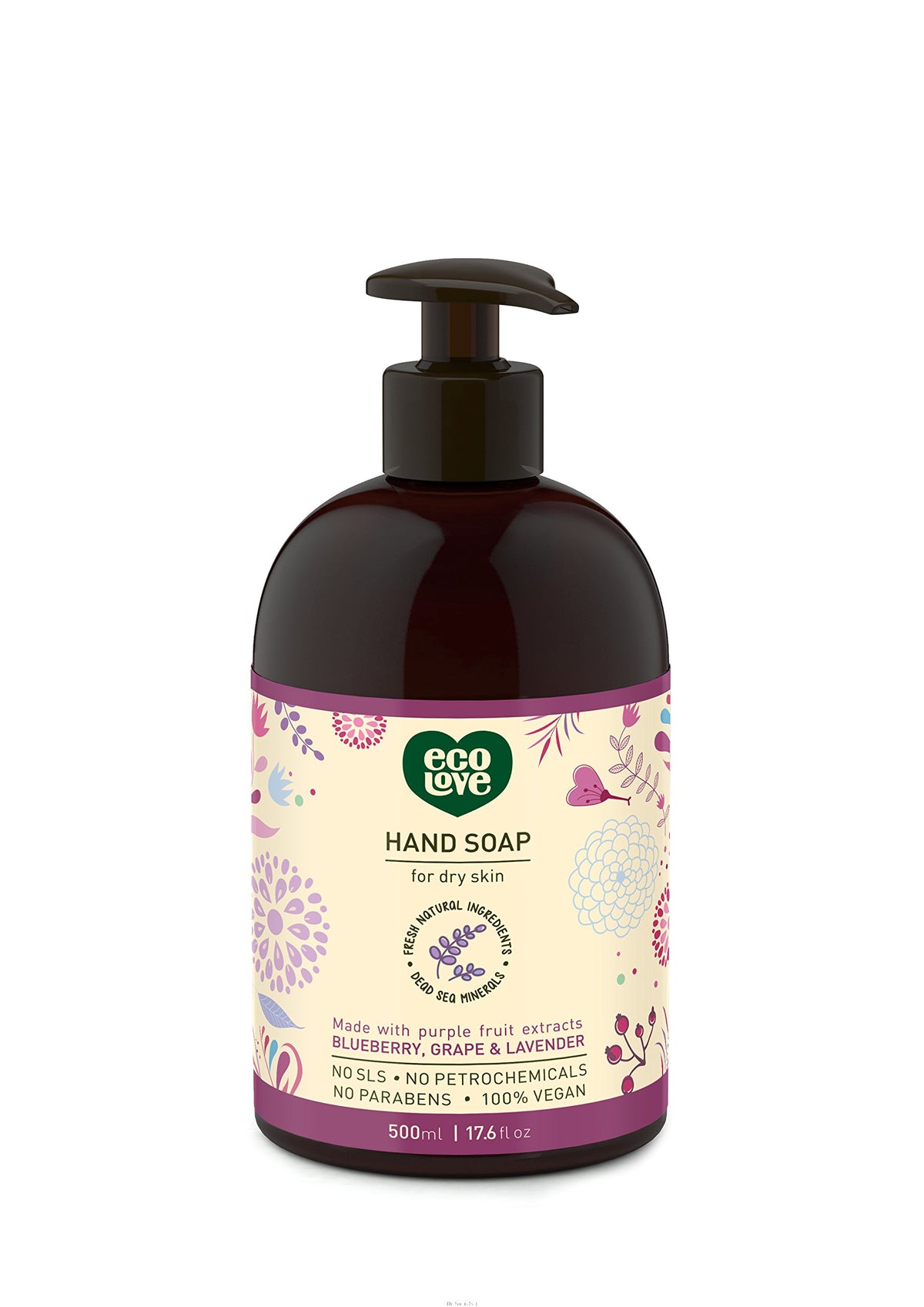 ecoLove front bottle view showing organic hand soap and clean design