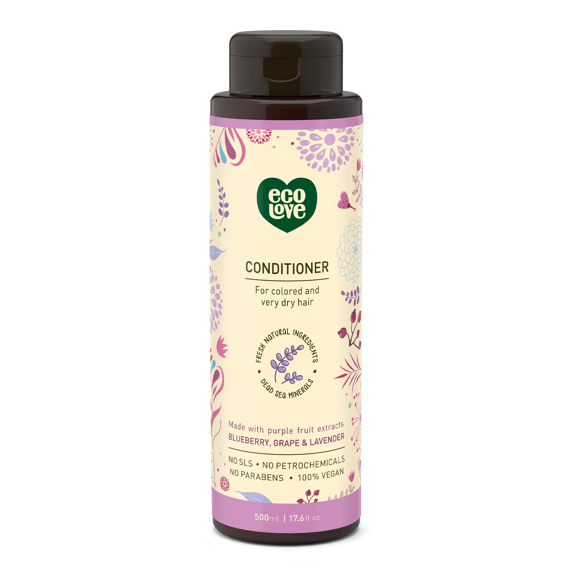 ecoLove front bottle showing lavender-scented conditioner and benefits