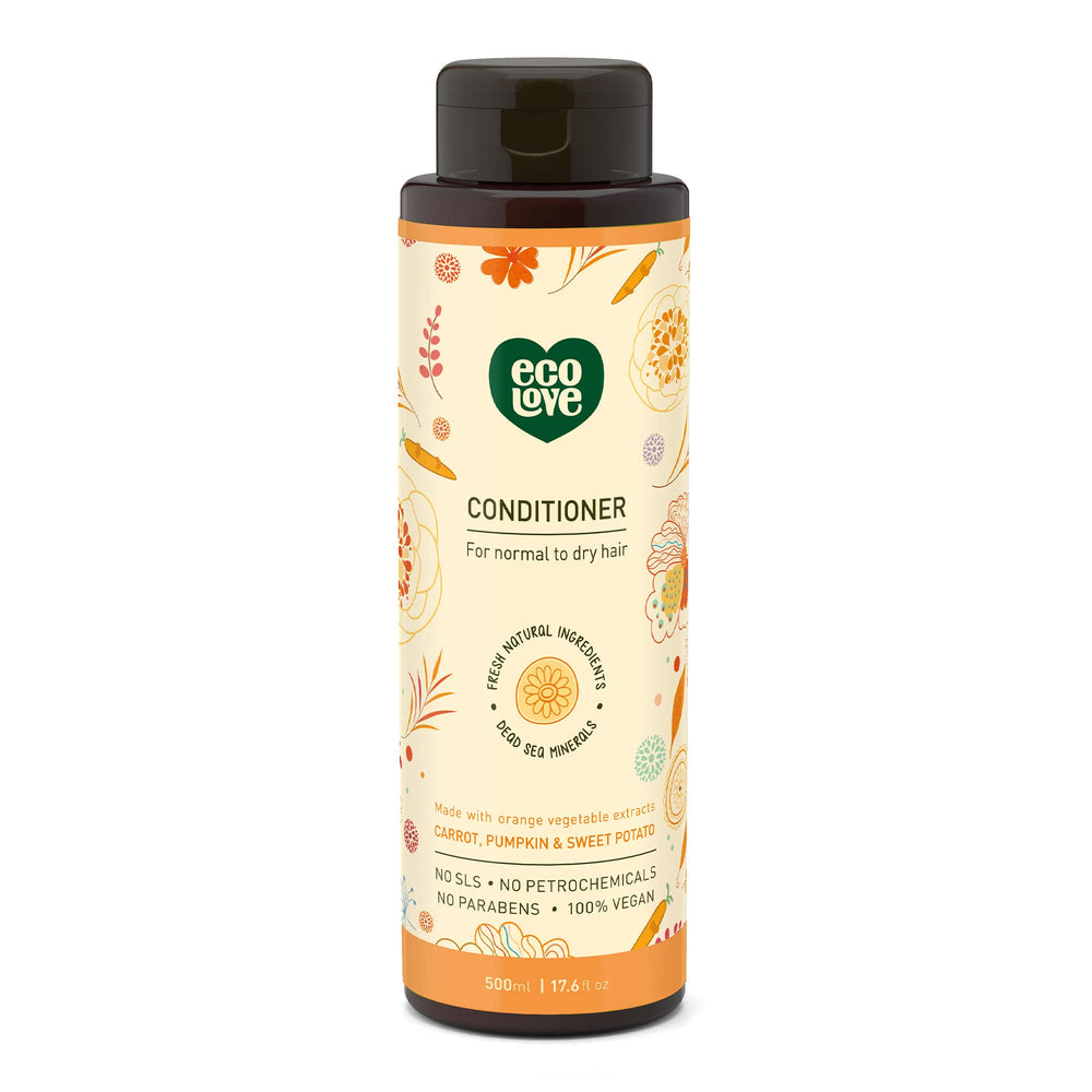 ecoLove front bottle showing label and benefits for hydrated hair