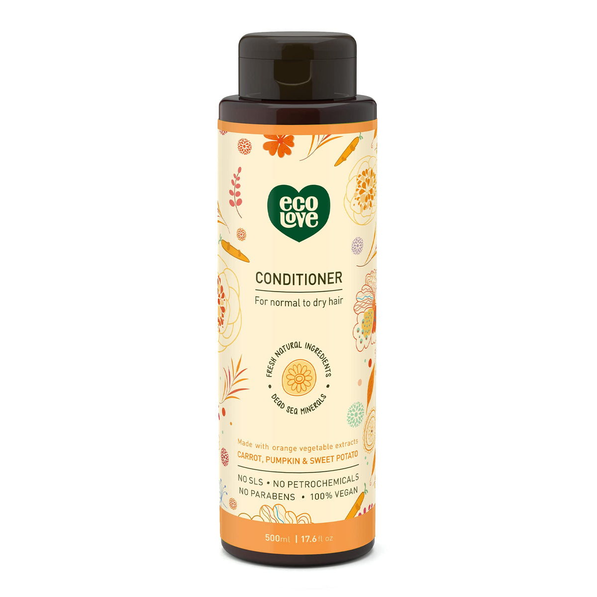 ecoLove front bottle showing label and benefits for hydrated hair