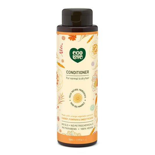 ecoLove front bottle showing label and benefits for hydrated hair