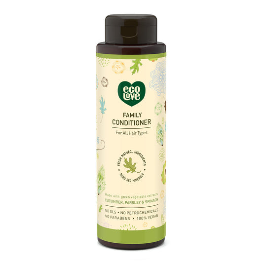 ecoLove front bottle showing 17.6 oz and fresh green packaging, easy family use