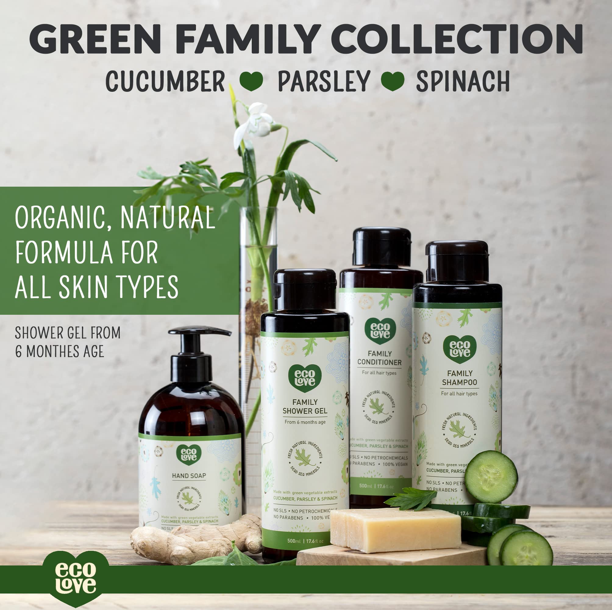 Close-up of organic cucumber and herbs used by ecoLove, highlights natural ingredient benefit