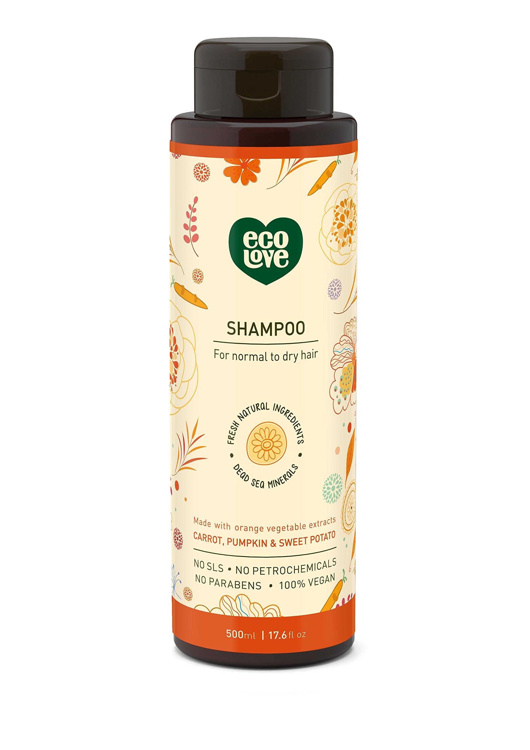 ecoLove front bottle view showing organic orange shampoo and benefits