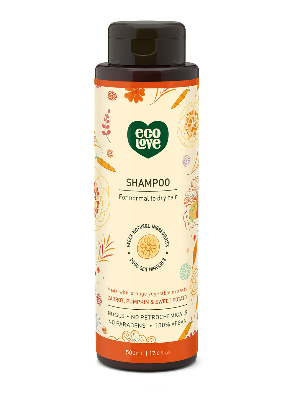 ecoLove front bottle view showing organic orange shampoo and benefits
