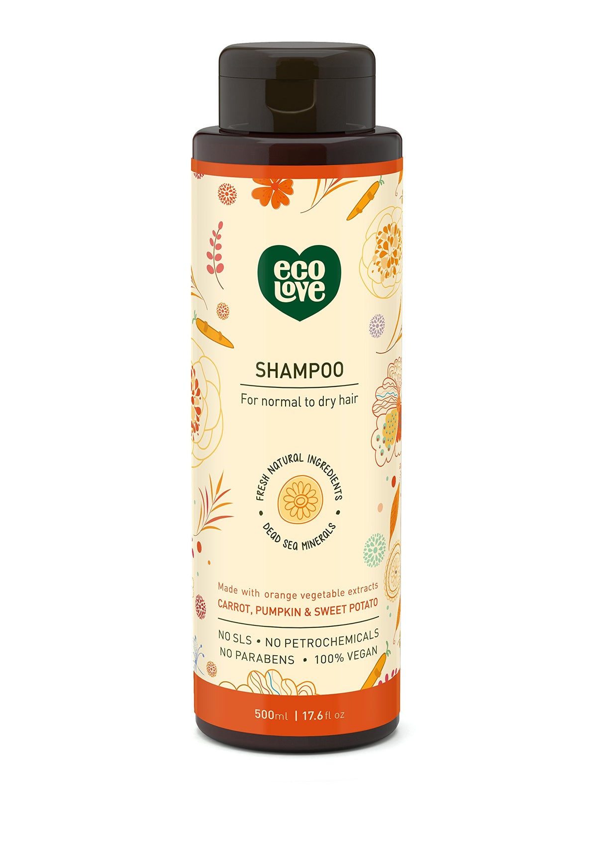 ecoLove front bottle view showing organic orange shampoo and benefits