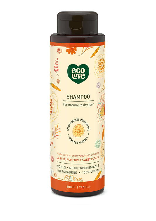 ecoLove front bottle view showing organic orange shampoo and benefits