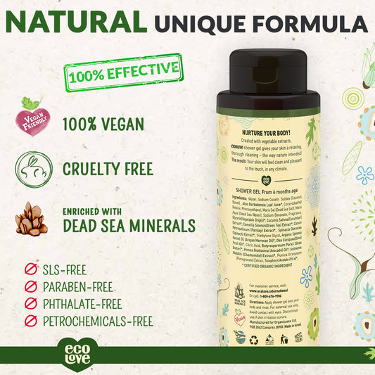 ecoLove creamy green gel texture poured on palm, demonstrates non-drying moisturizing feel