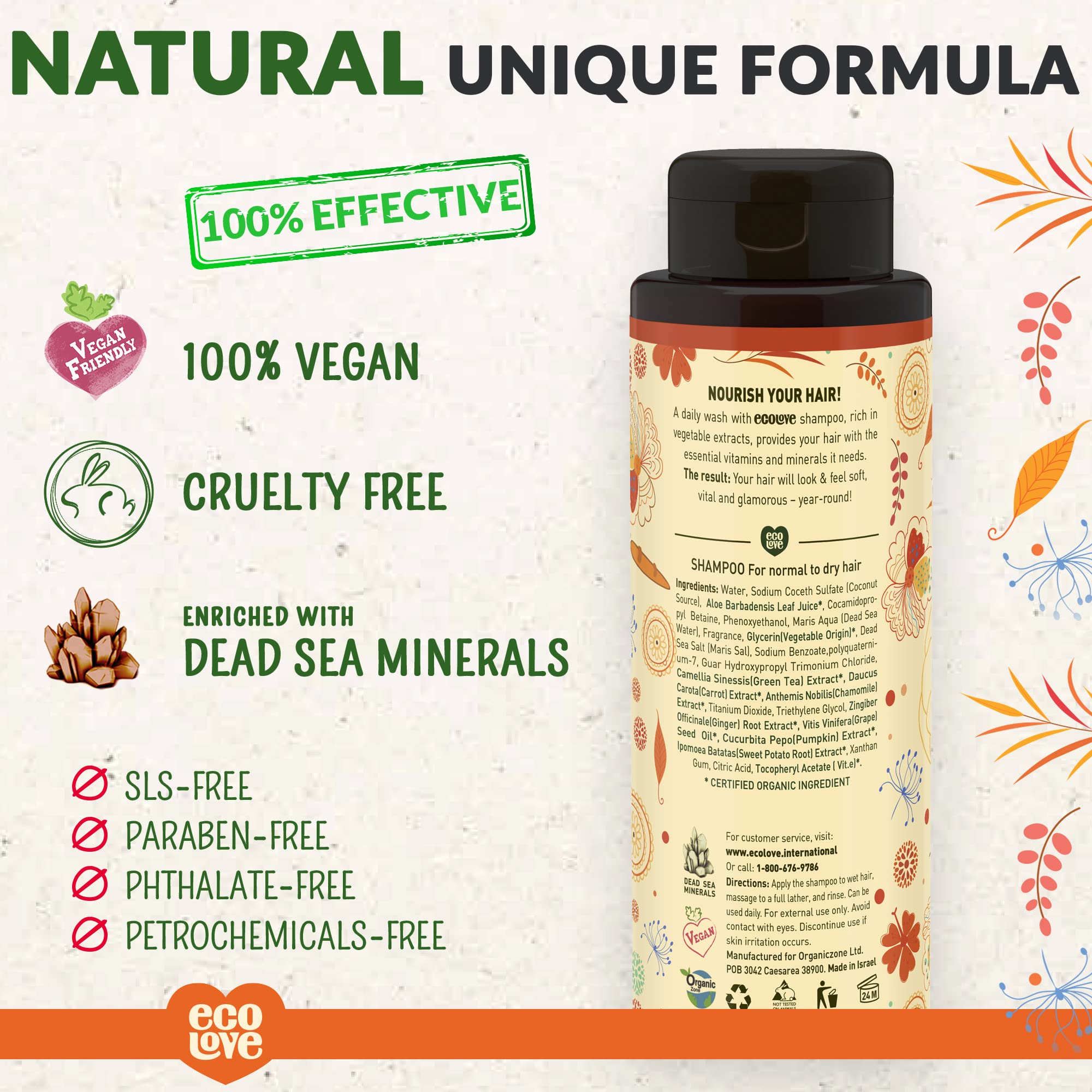 ecoLove label close-up highlighting SLS-free and vegan formulation benefits