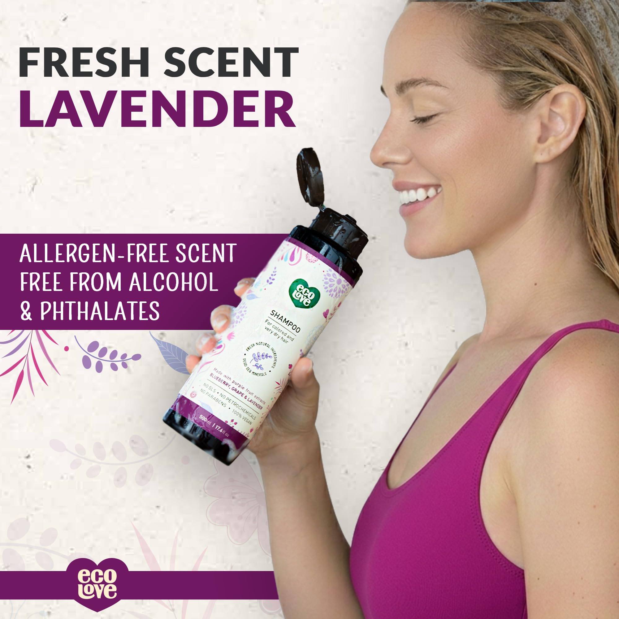 ecoLove shampoo in shower being applied to wet hair, improves softness