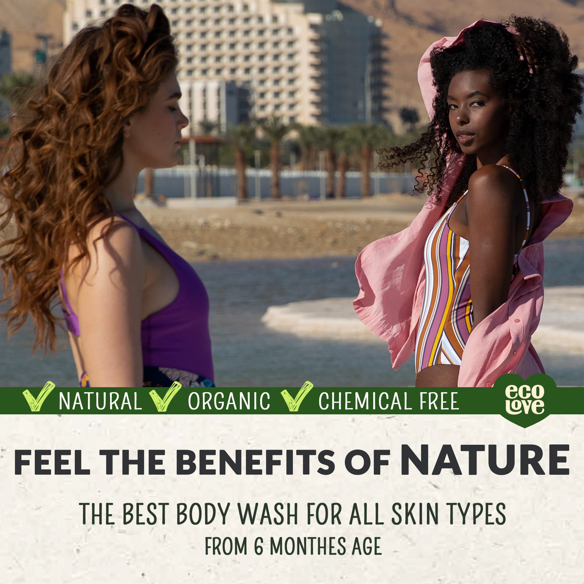 Person using ecoLove body wash in shower, illustrating gentle clean and refreshing scent benefit