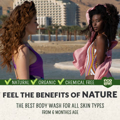 Person using ecoLove body wash in shower, illustrating gentle clean and refreshing scent benefit