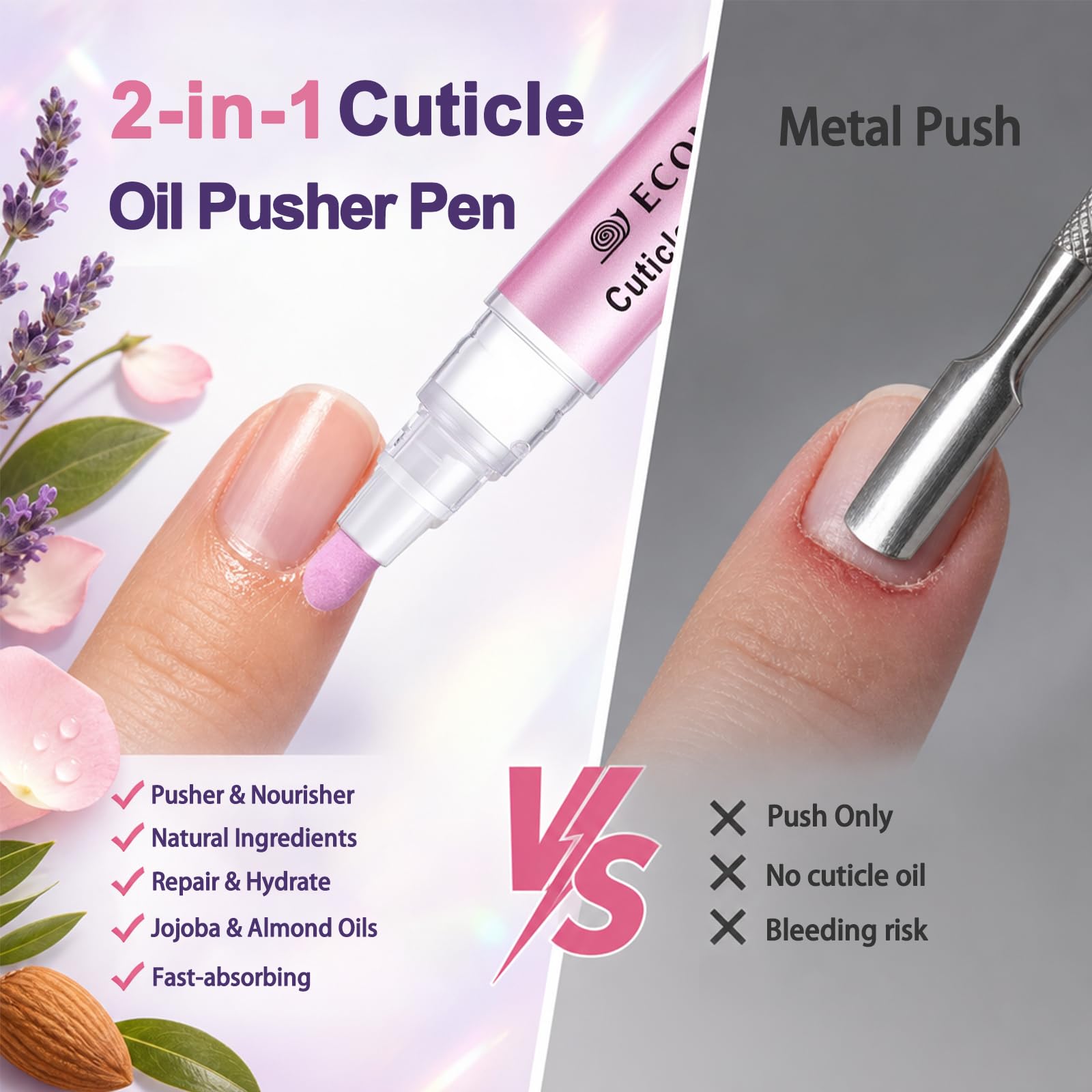 Econail lavender pen held in hand showing compact size and portability