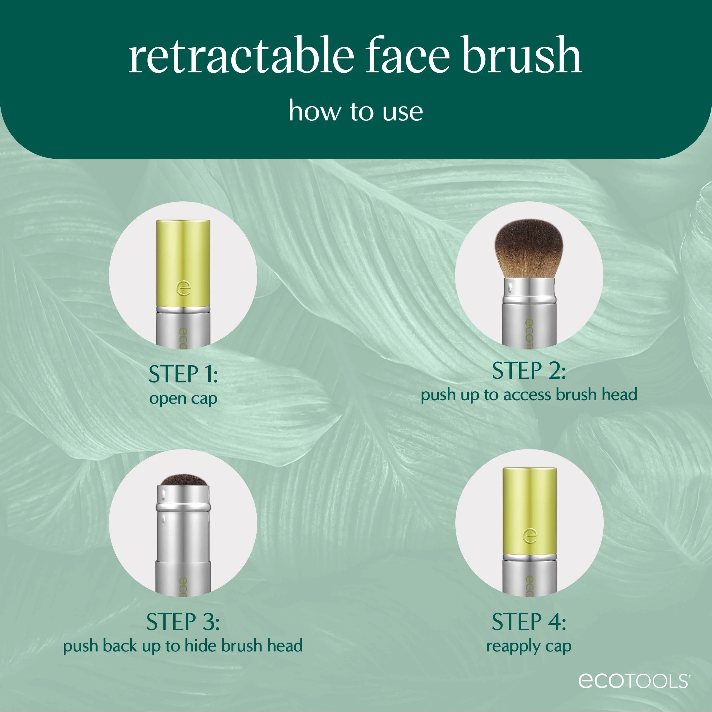 EcoTools retractable brush in hand demonstrating compact travel size