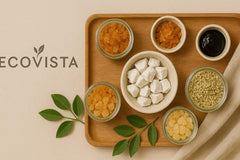 EcoVista jar beside scale and ingredients illustrating 4 oz size and responsible sourcing