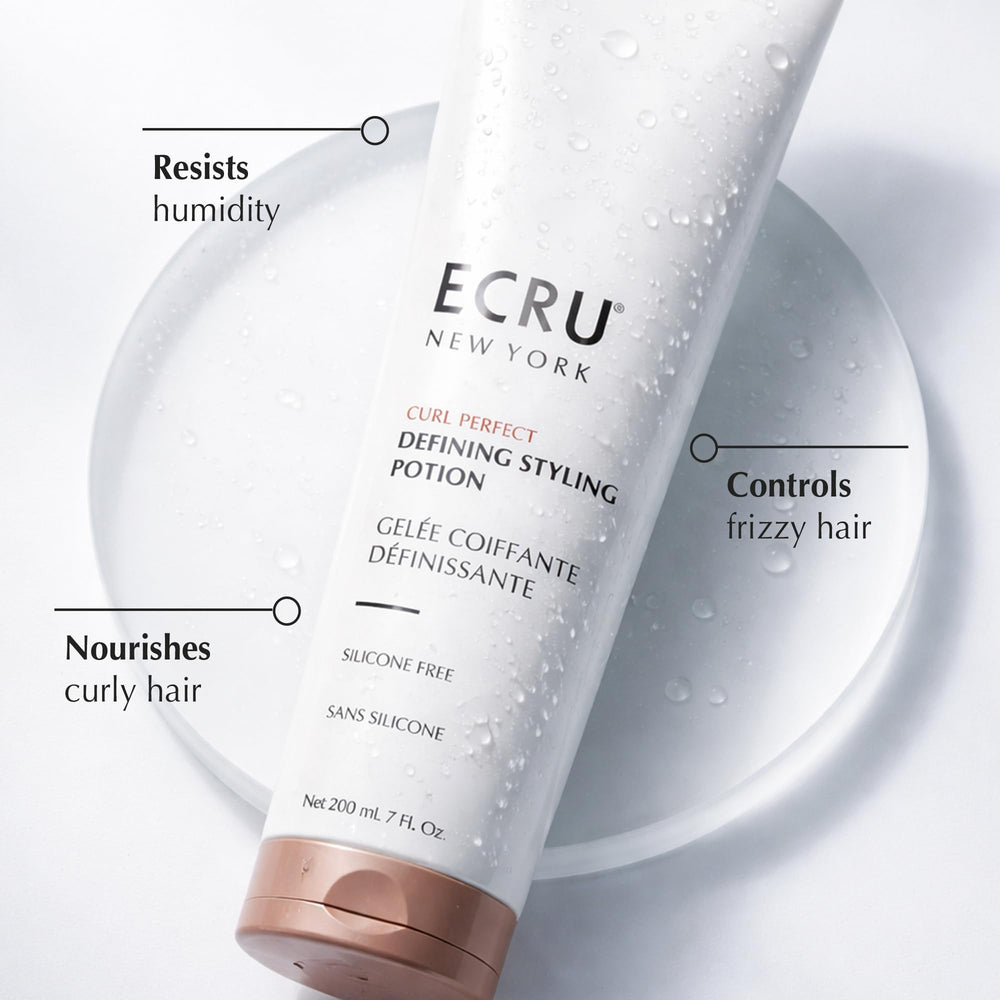 Ecru New York product applied to damp curly hair for definition