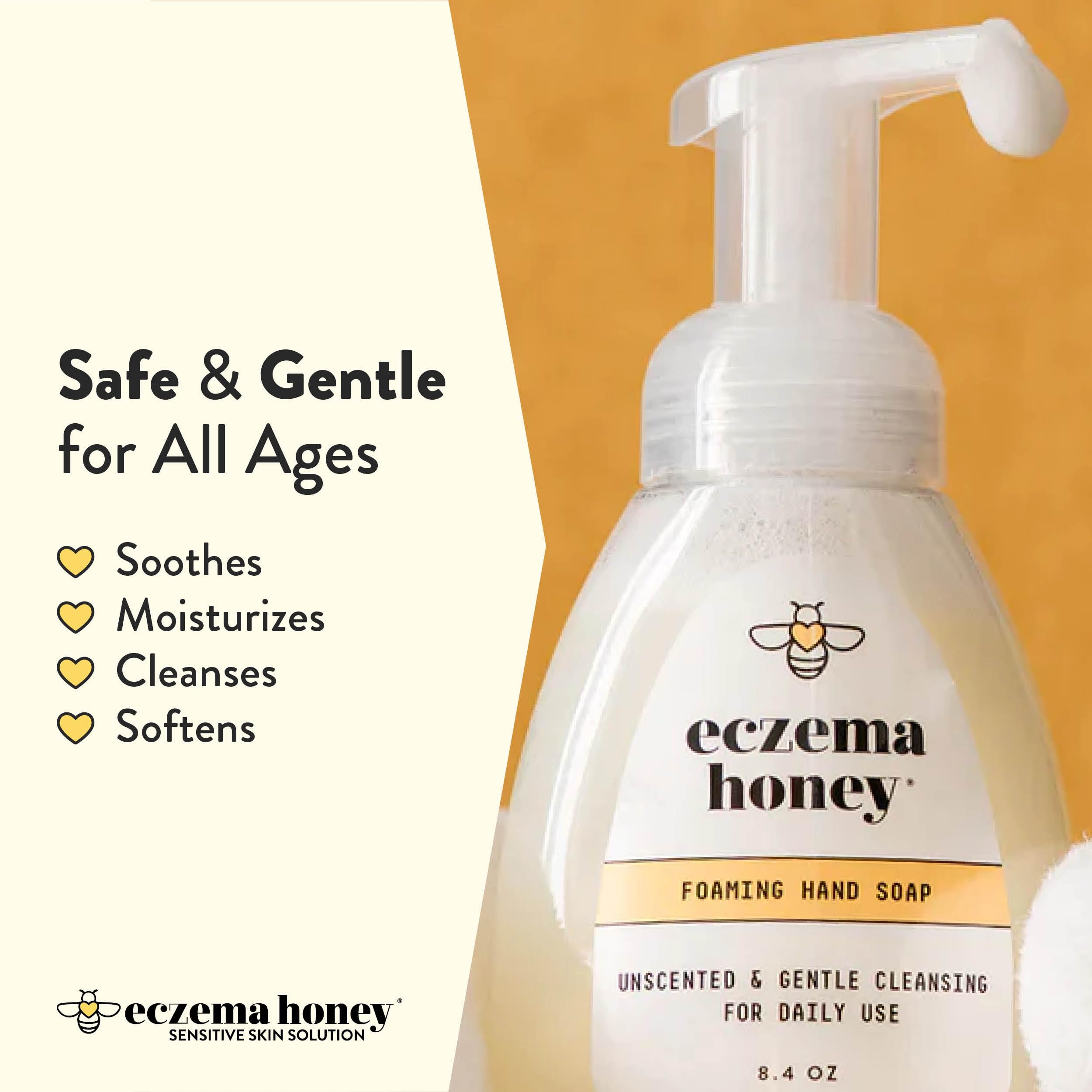 ECZEMA HONEY foam texture close-up demonstrating creamy lather and easy rinsing benefit