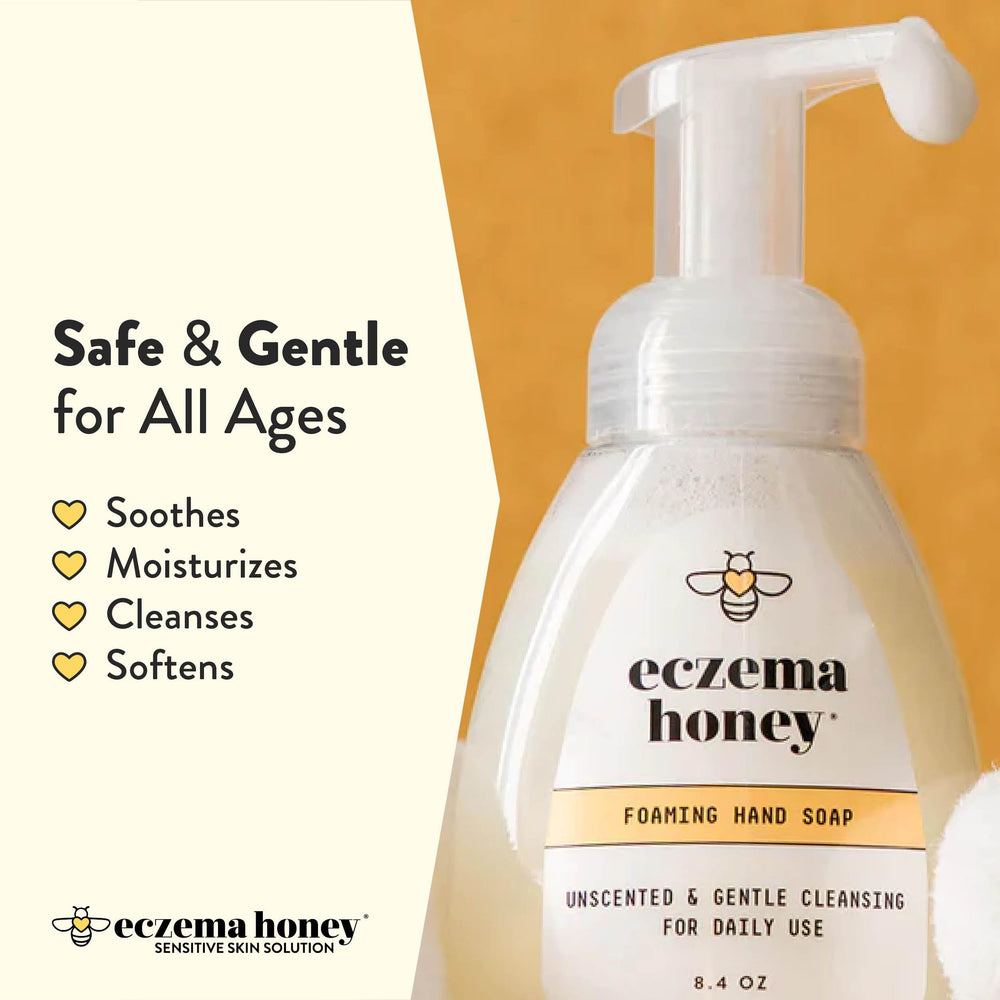 ECZEMA HONEY foam texture close-up demonstrating creamy lather and easy rinsing benefit