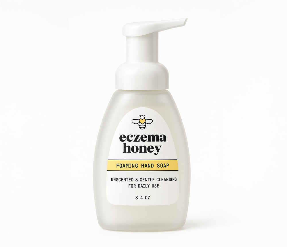 ECZEMA HONEY front bottle showing unscented foaming hand soap and simple packaging benefit