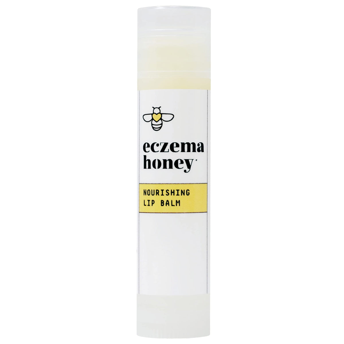 ECZEMA HONEY front view of twist-up lip balm shows clear branding and easy use