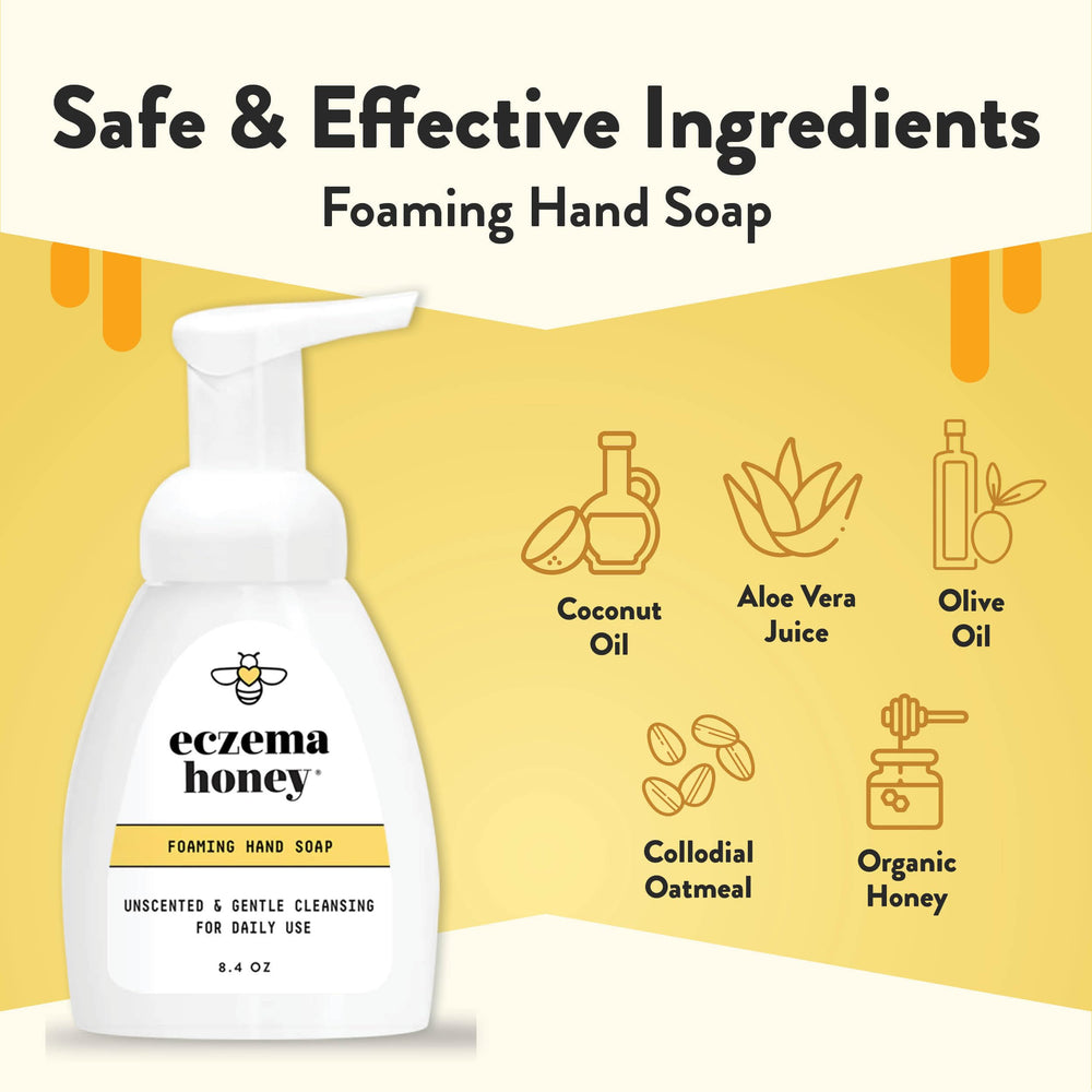 ECZEMA HONEY pump detail dispensing gentle foam for quick, low-mess hand cleansing