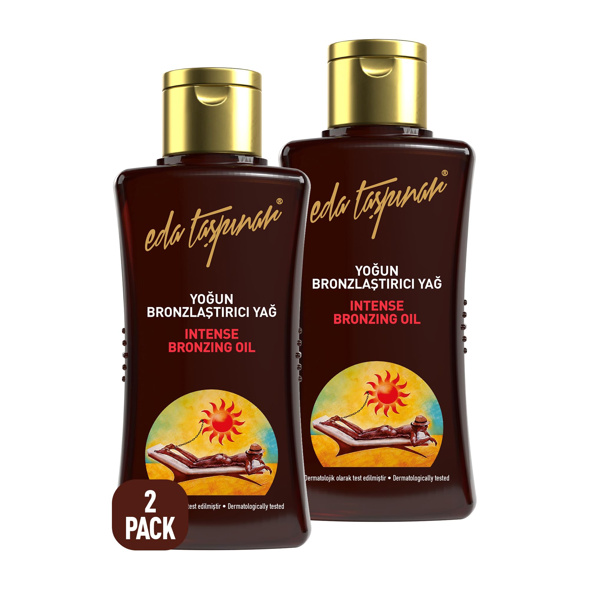 Eda Taşpınar front packaging two travel bottles showing portable tanning solution benefit