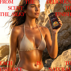 Eda Taşpınar applied on shoulder at beach showing quick bronze-enhancing result benefit