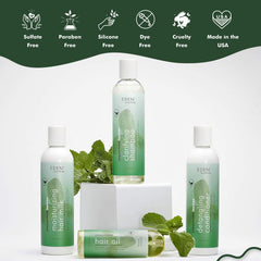 EDEN BodyWorks bottle with peppermint and tea tree leaves for natural clarity