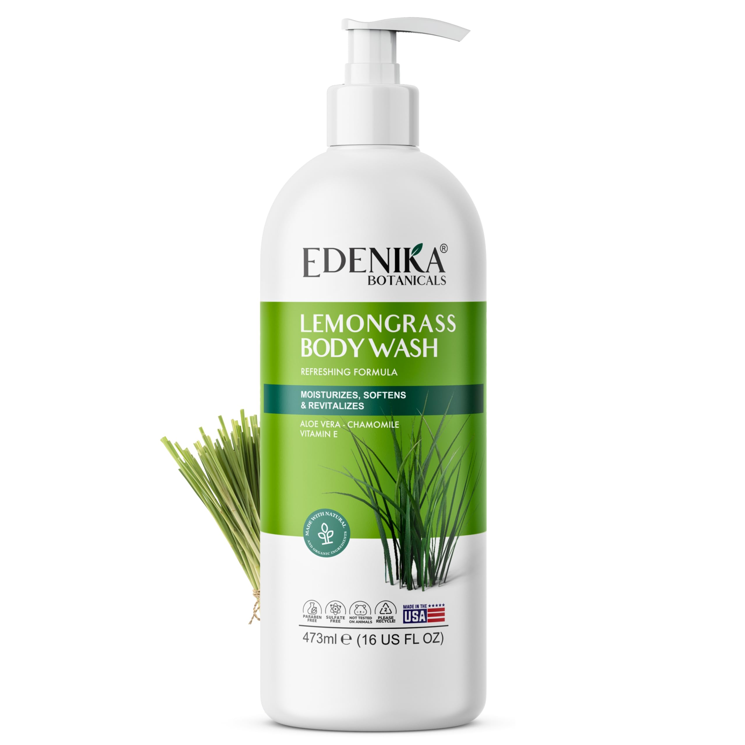 EDENIKA BOTANICALS front bottle showing lemongrass label and fresh scent benefit