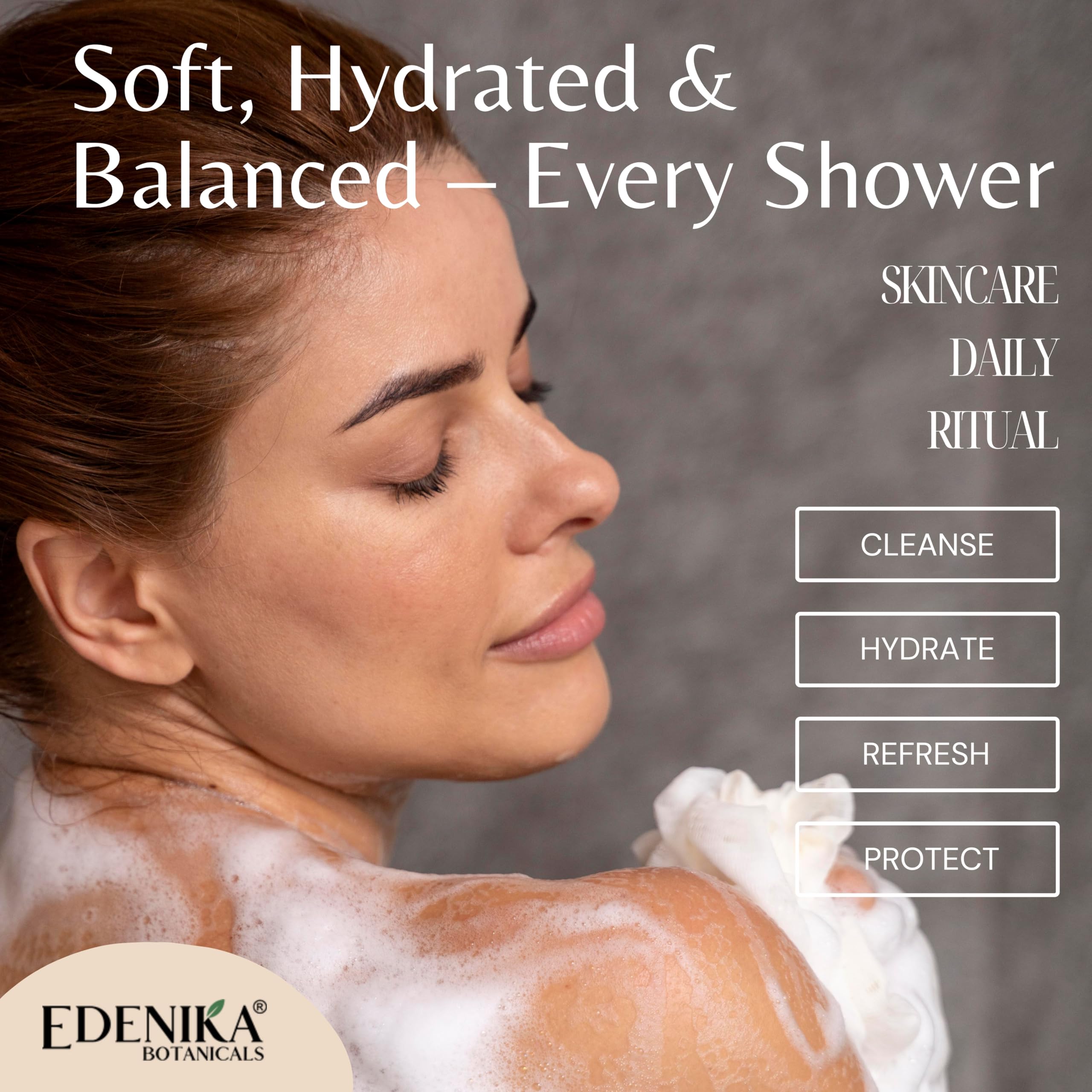 Edenika Botanicals 16 fl oz bottle held in hand showing true size and travel-friendly benefit