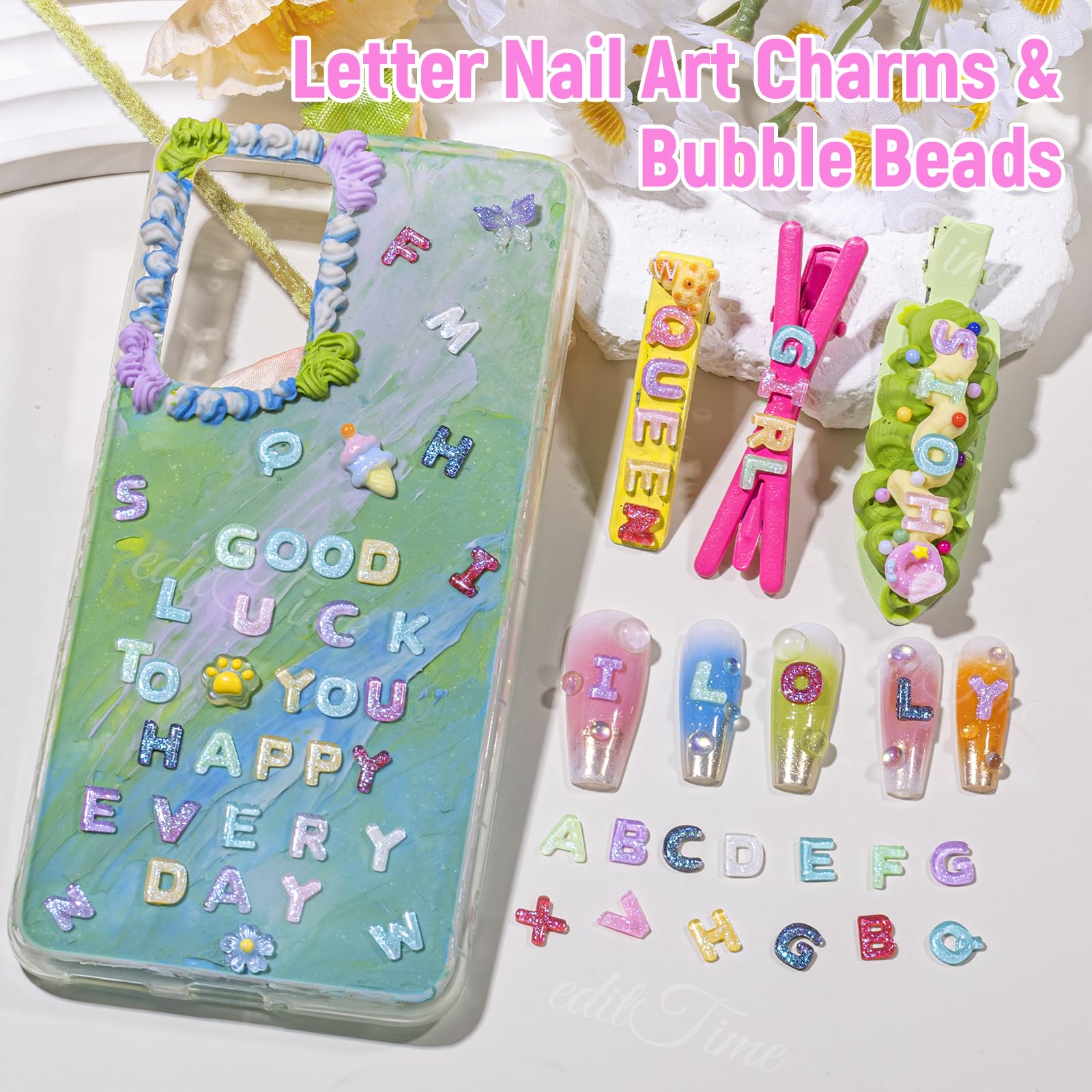 editTime clear bubble beads with shimmer, adds dimension and glossy accents