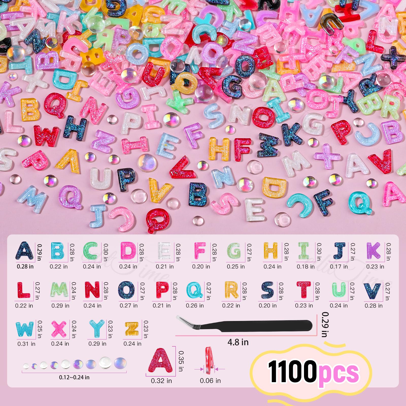 editTime close-up of A–Z resin letters, sparkle detail for eye-catching nails