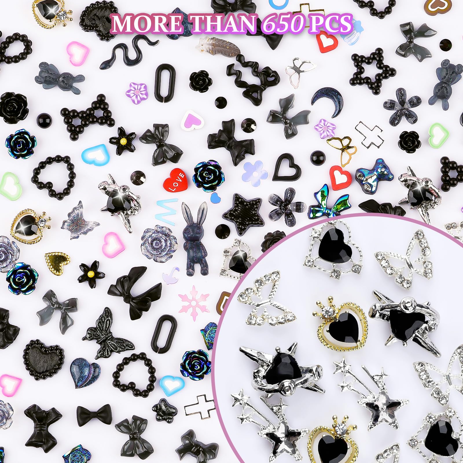 editTime mixed charms placed on a nail tip demonstrating finished look