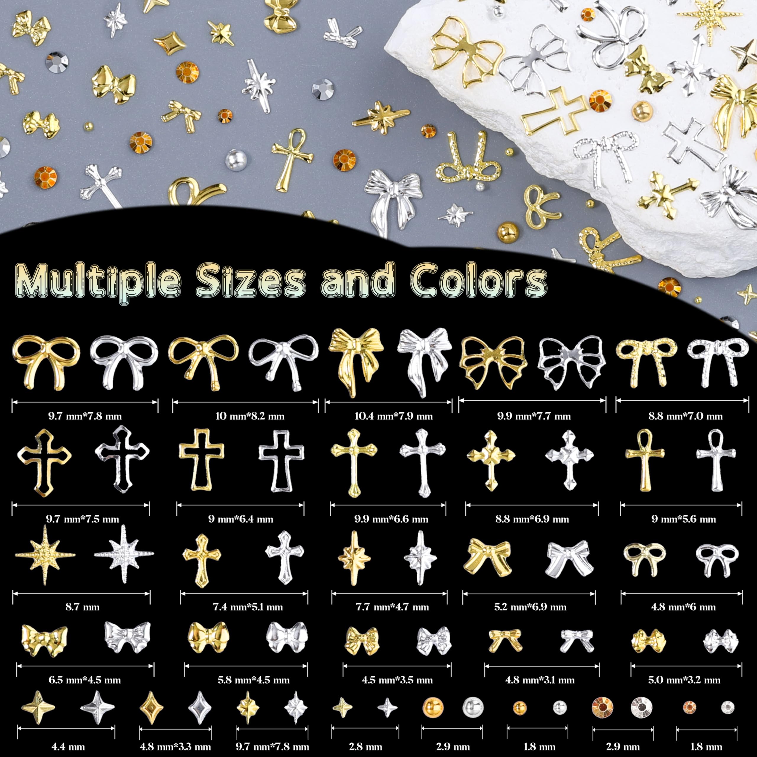 editTime close-up of mixed gold and silver studs revealing detailed shapes